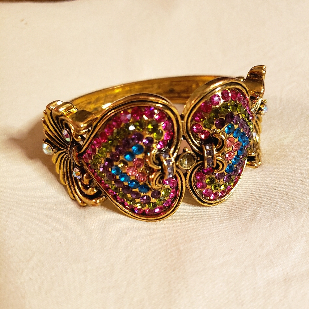 Vintage gold and multicolored rhinestone hinged decorative bangle cuff